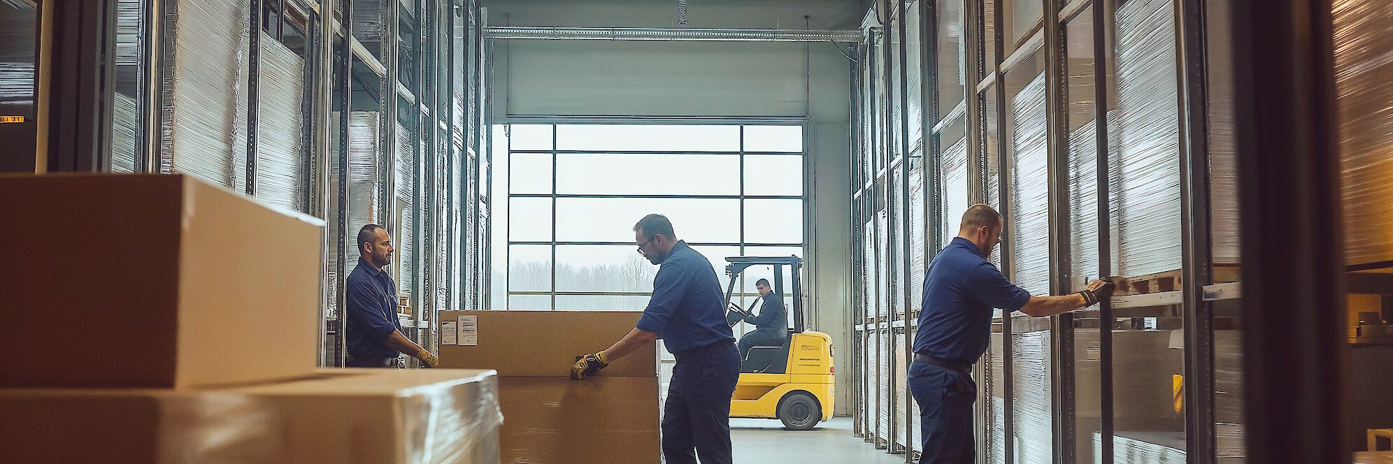 Mitarbeiter in einem Lager bewegen eine große Box, während im Hintergrund ein Gabelstapler im Einsatz ist.