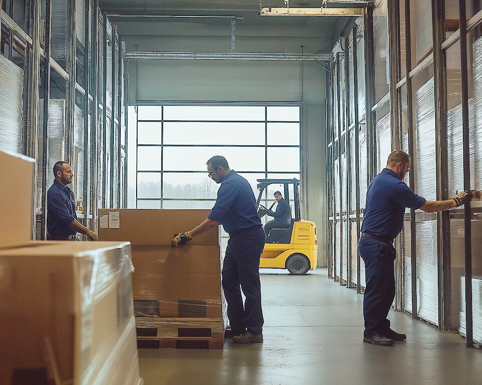 Mitarbeiter in einem Lager bewegen eine große Box, während im Hintergrund ein Gabelstapler im Einsatz ist.